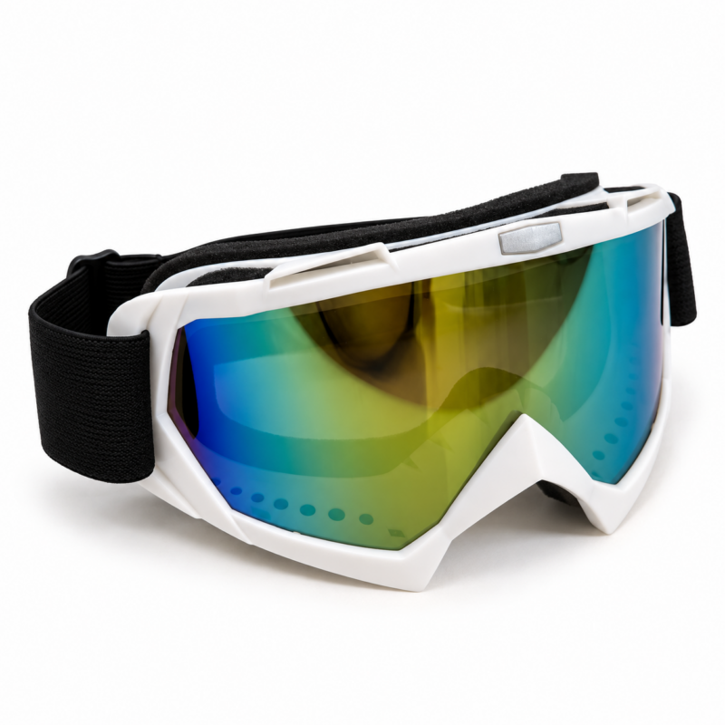 Białe gogle narciarskie i snowboardowe z zielono-złotą lustrzaną szybą – rozmiar uniwersalny