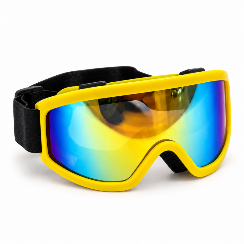 Żółte gogle narciarskie i snowboardowe z niebiesko-złotą lustrzaną szybą i czarnym paskiem